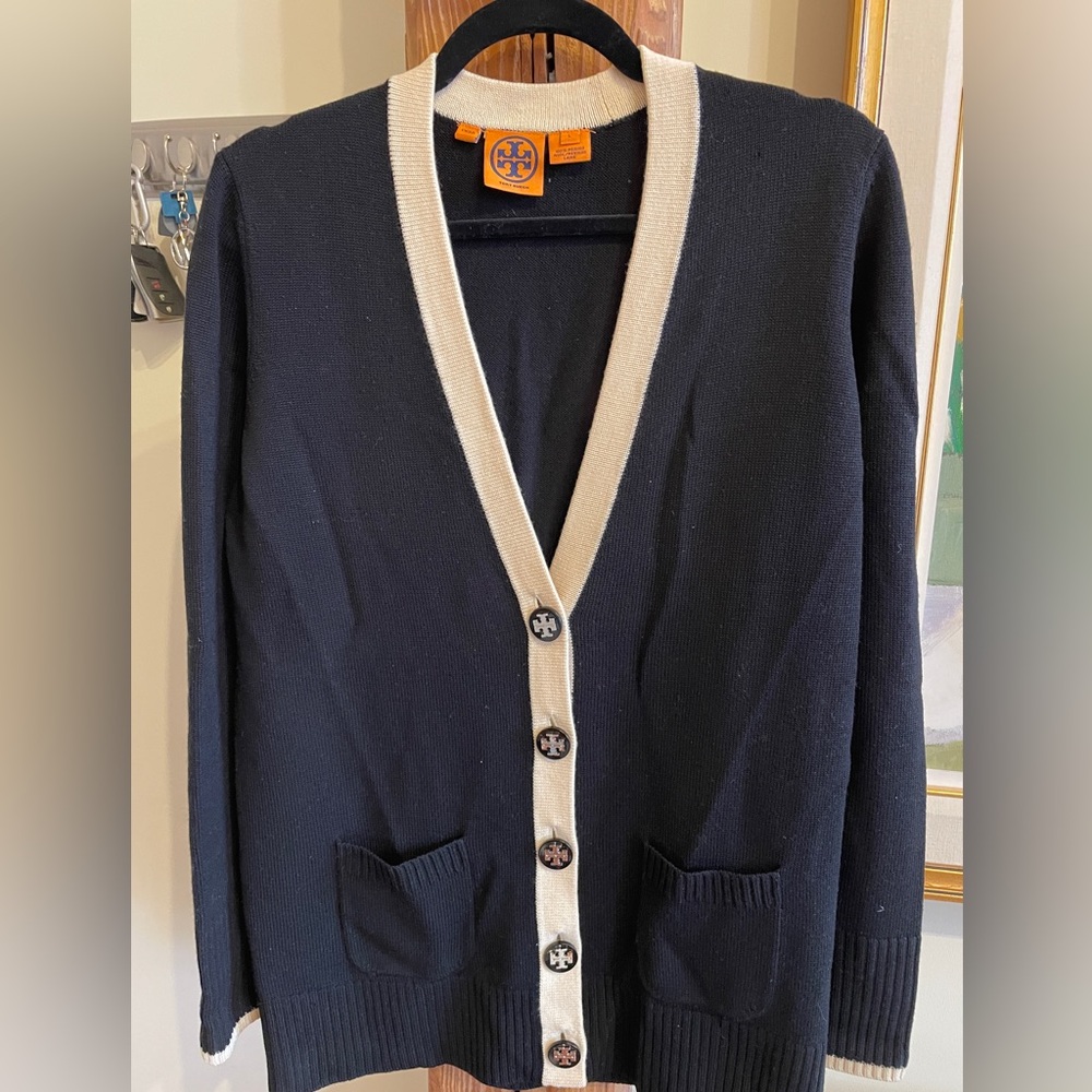 Tory Burch 100% Merino Wool Black and Cream Logo-Button Knit Cardigan